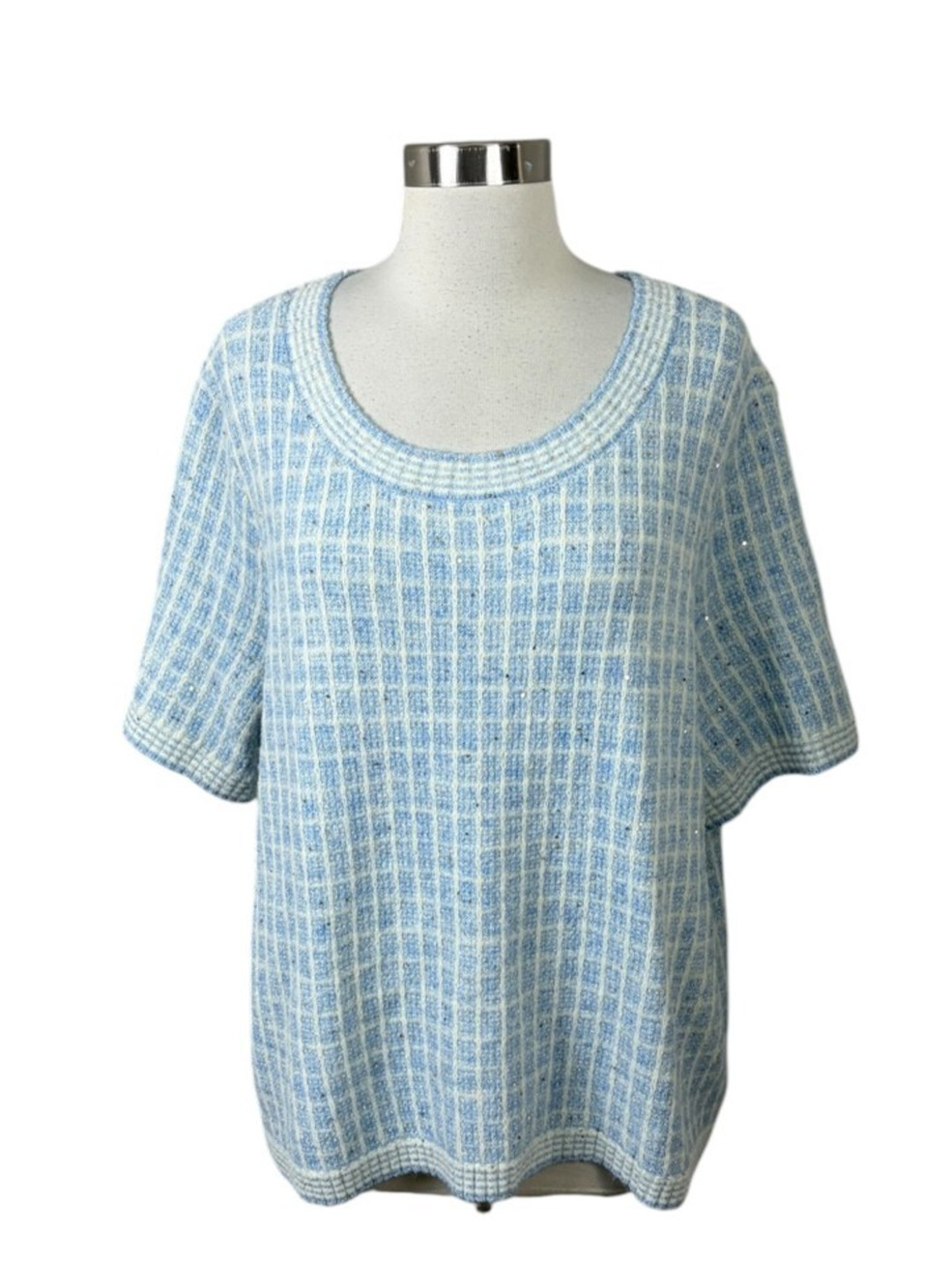 Talbots NEW Blue White Check Knit Shimmer Sweater 2X Classic Old Money